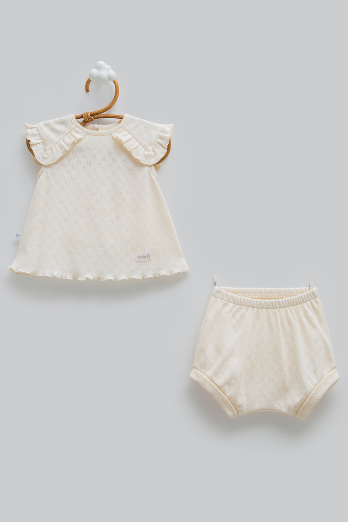 [TKK2385.BEJ.56-62] طقم صيفي قطعتين - Hello Girl - Bej (1-3 Months)