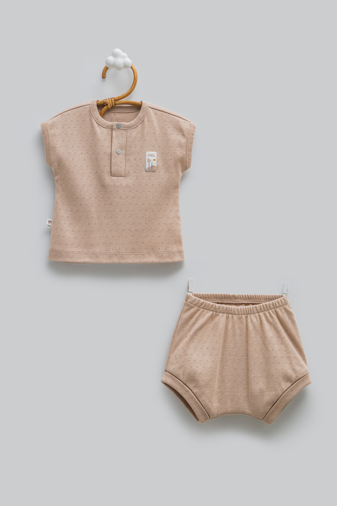 [TKE2381.KAHVE.56-62] طقم صيفي HELLO BABY-KAHVE (1-3 Months)