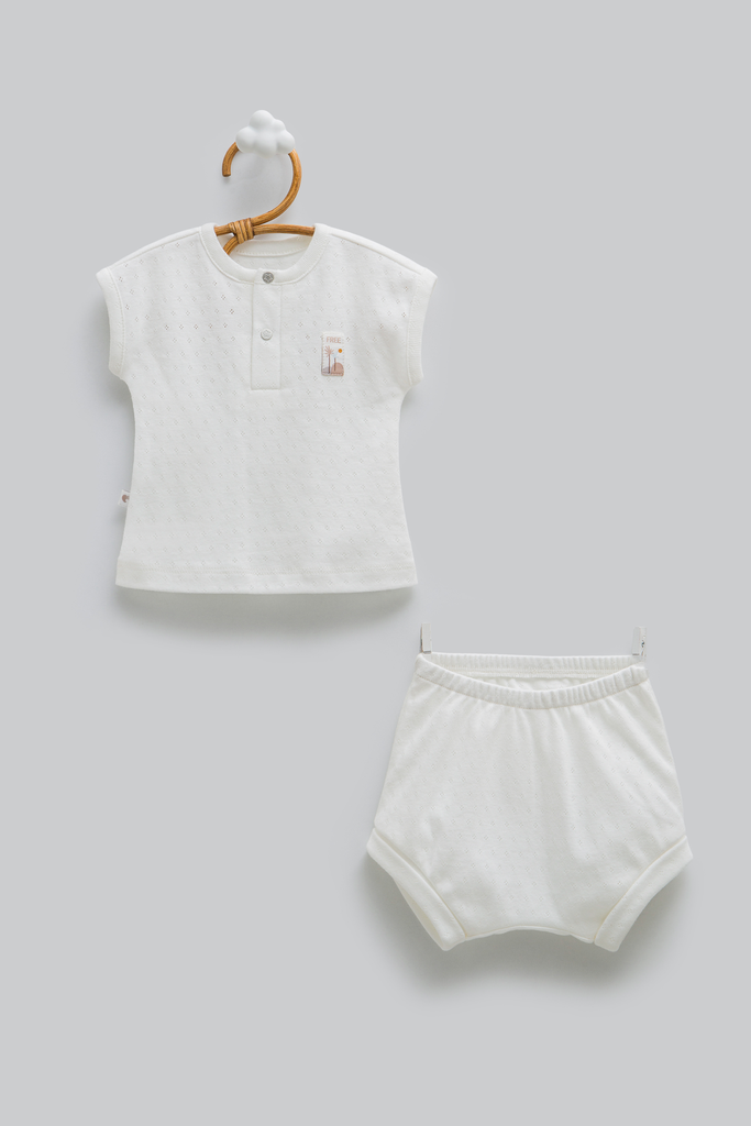 [TKE2381.EKRU.56-62] طقم صيفي HELLO BABY-EKRU (1-3 Months)