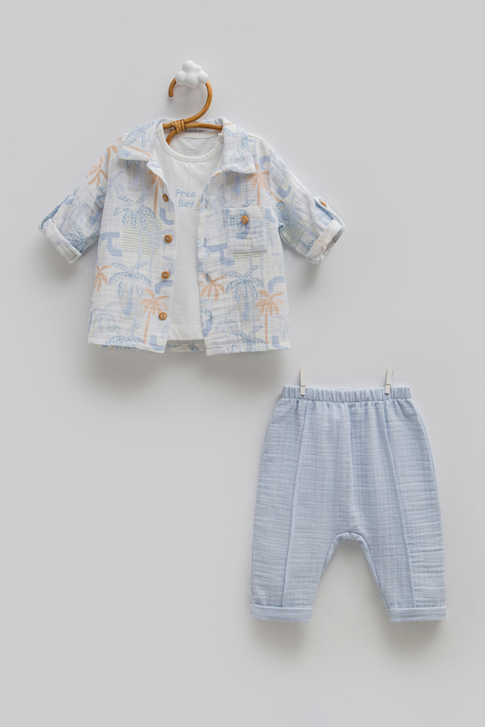 [TKE1728.MAVI.62-68] طقم 3 قطع - Free Boy - أزرق (3-6 Months)