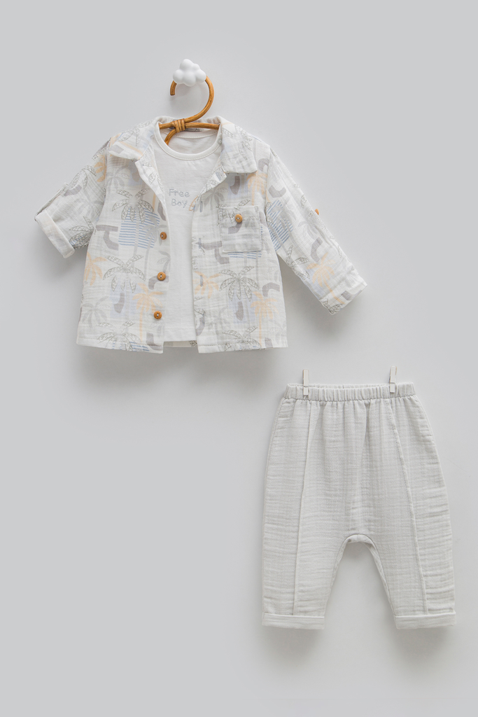 [TKE1728.GRI.62-68] طقم ثلاث 3 قطع - Free Boy - gray (3-6 Months)