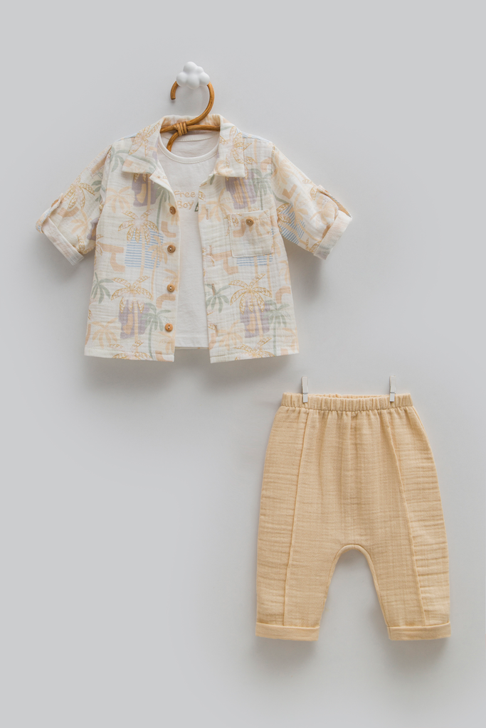[TKE1728.BEJ.62-68] طقم ثلاث قطع - Free Boy - بيج (3-6 Months)