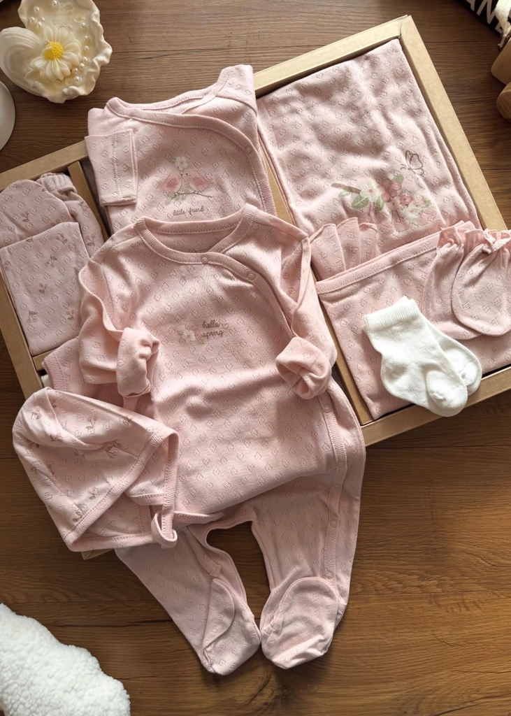 [ZK1522.PEMBE.56-62.] طقم استقبال صيفي 10 قطع - 0-3 أشهر - زهري