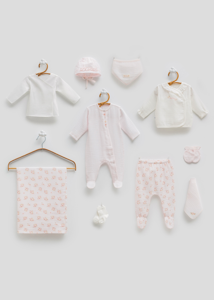 [ZK2423.PEMBE.56-62.] طقم استقبال قماش البامبو 10 قطع - 0-3 أشهر - PEMBE