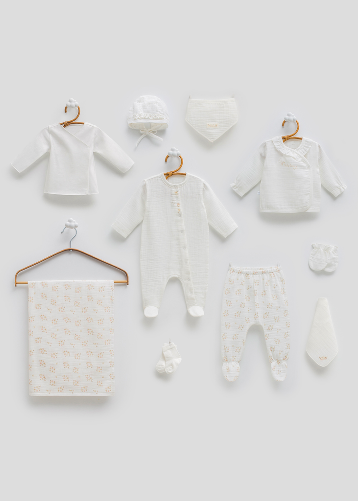 [ZK2423.EKRU.56-62.] طقم استقبال قماش البامبو 10 قطع - 0-3 أشهر - EKRU