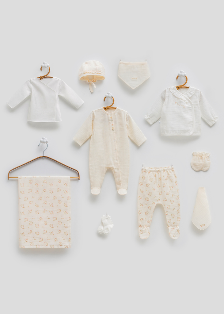 [ZK2423.BEJ.56-62.] طقم استقبال قماش البامبو 10 قطع - 0-3 أشهر - BEJ