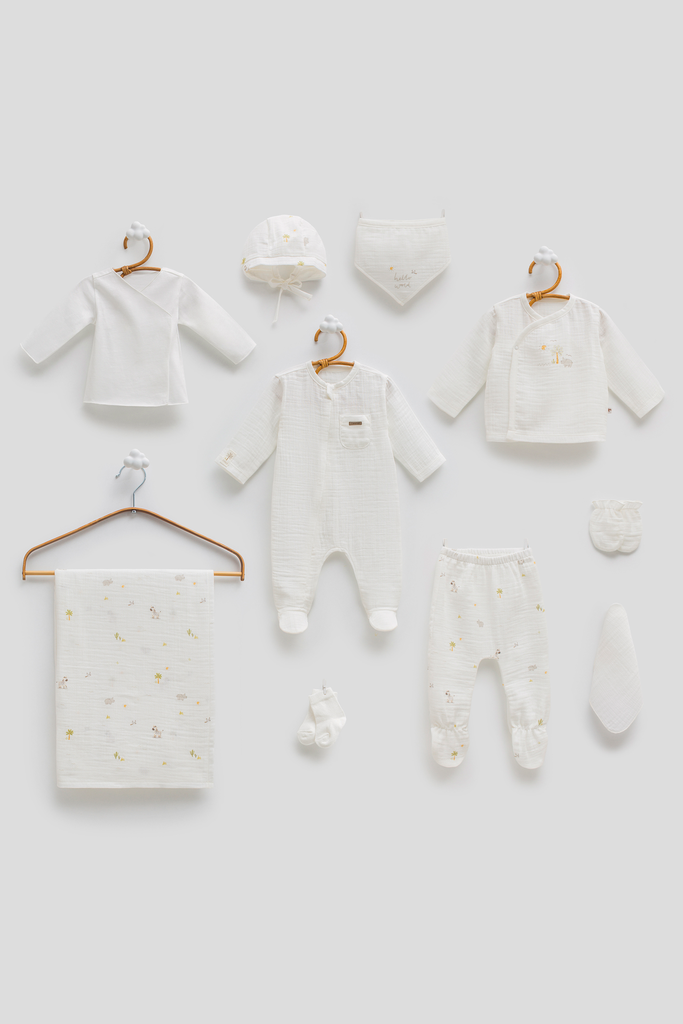 [ZE2425.EKRU.56-62.] طقم استقبال قماش البامبو 10 قطع - 0-3 أشهر - EKRU