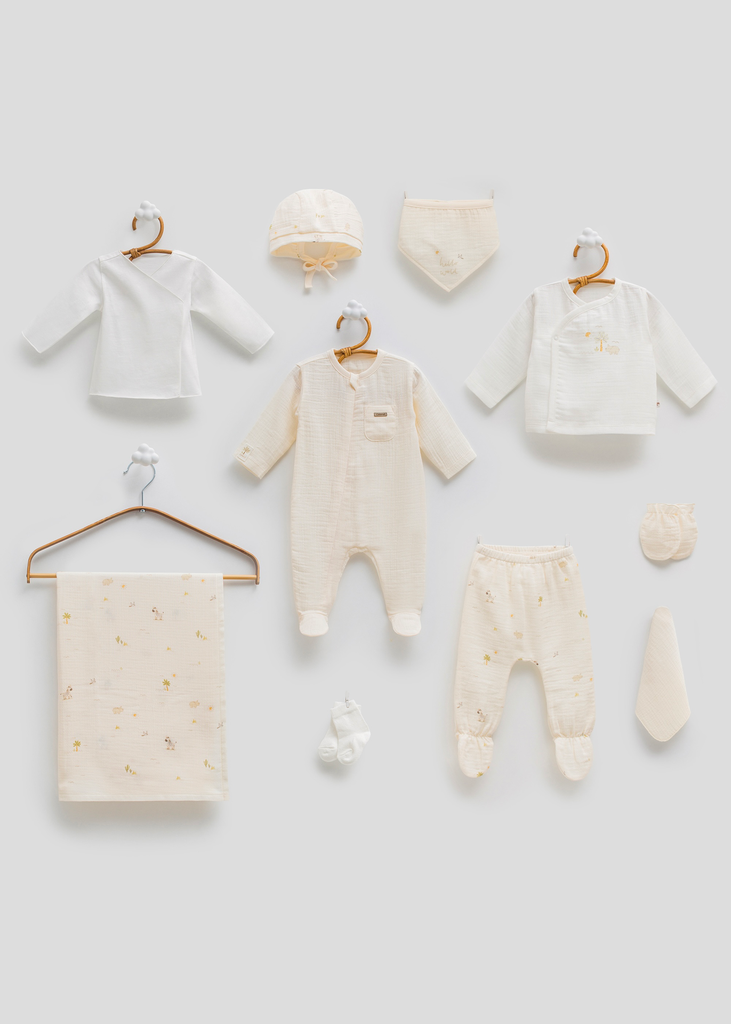 [ZE2425.BEJ.56-62.] طقم استقبال قماش البامبو 10 قطع - 0-3 أشهر-BEJ