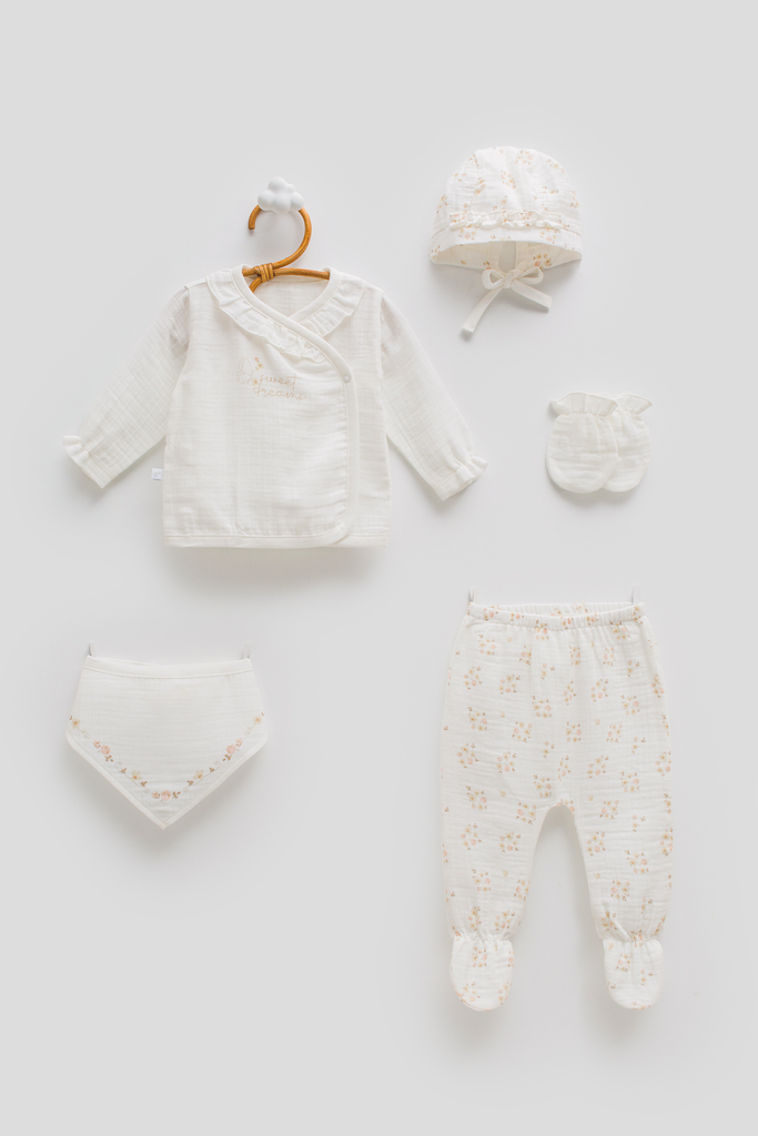 [ZK2422.EKRU.56-62.] طقم حديث ولادة 5 قطع - Flowers - White