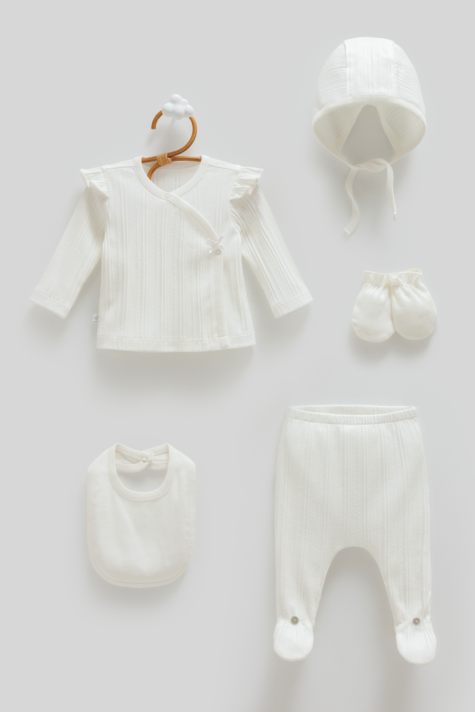 [ZK1928.EKRU.56-62.] طقم حديث ولادة 5 قطع -Mini Lady-White