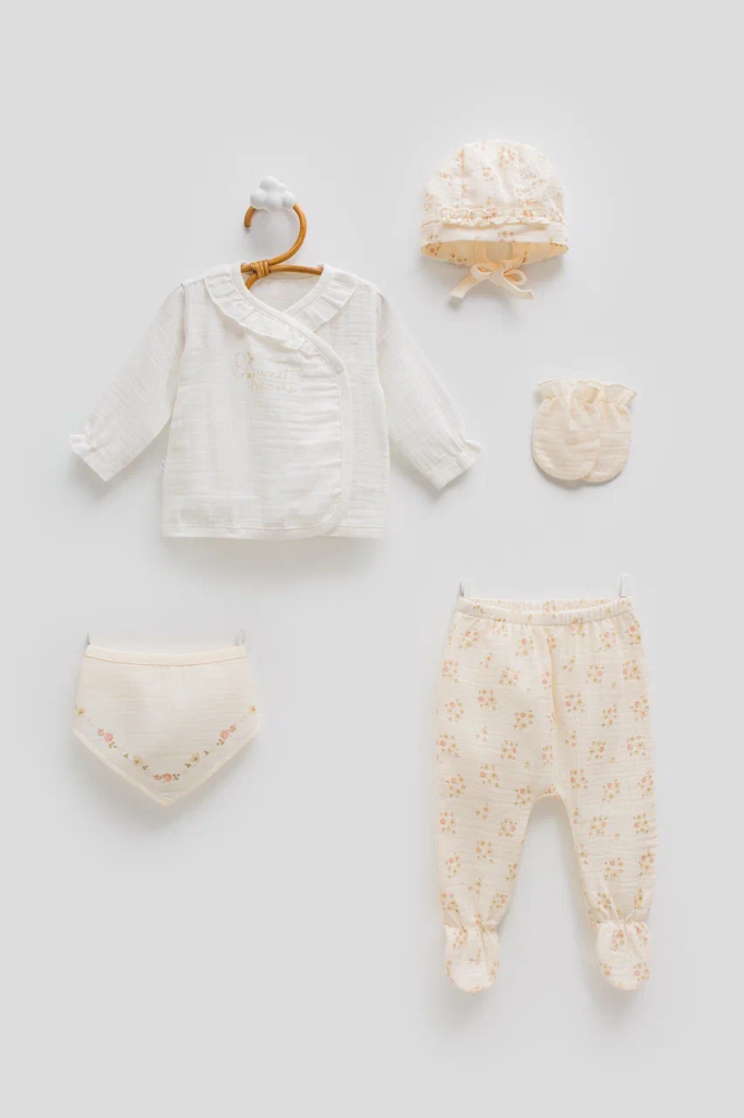 طقم حديث ولادة 5 قطع - Flowers - Bej