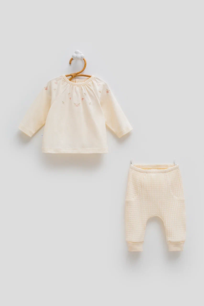 [TKK2394 BEJ] طقم بناتي Only Flower 1- BEJ (1-3 Months)